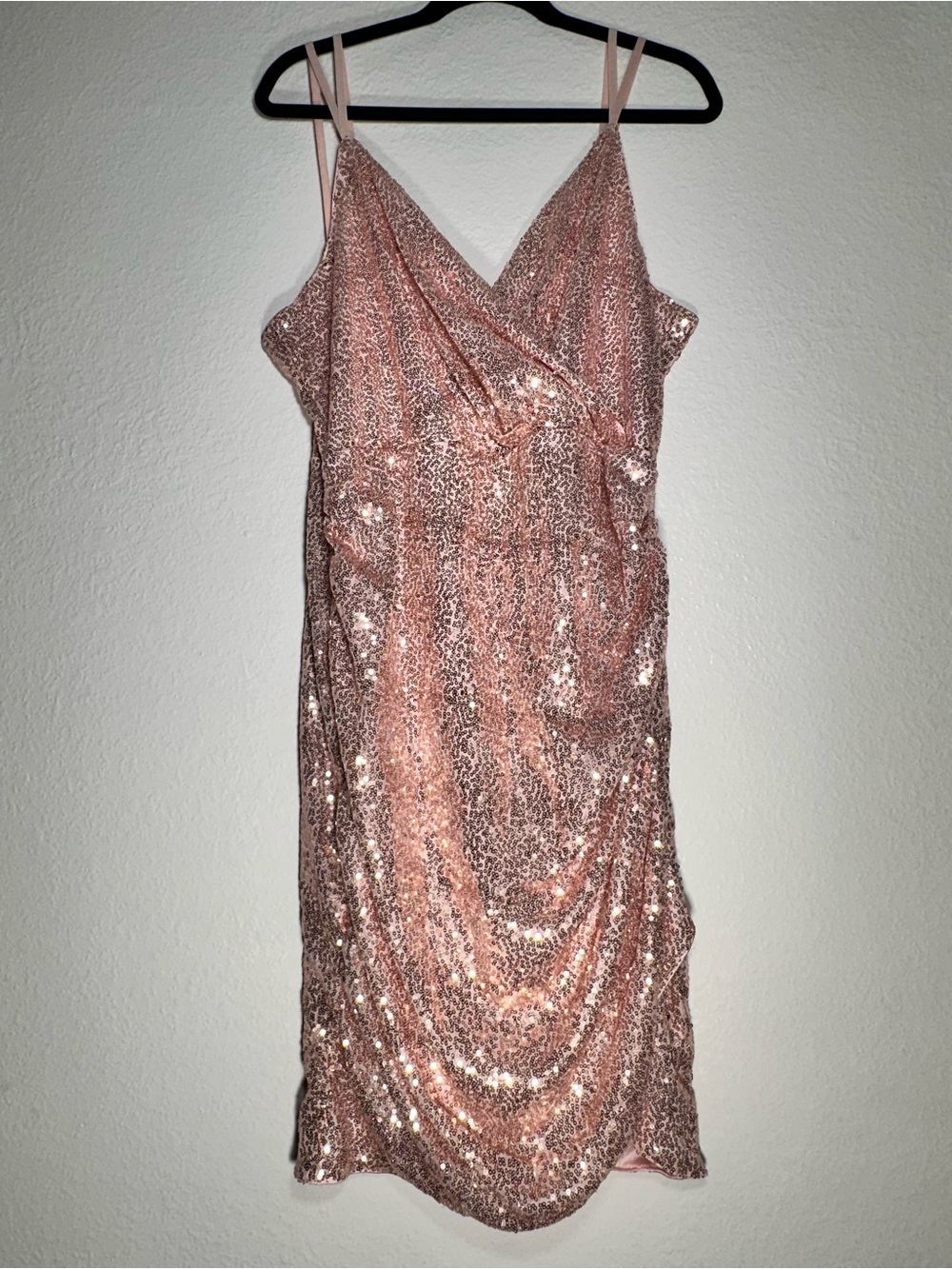 Grace Karin Rose Gold Sequin Bodycon Dress XL Pink Glitter Ruched Party Cocktail